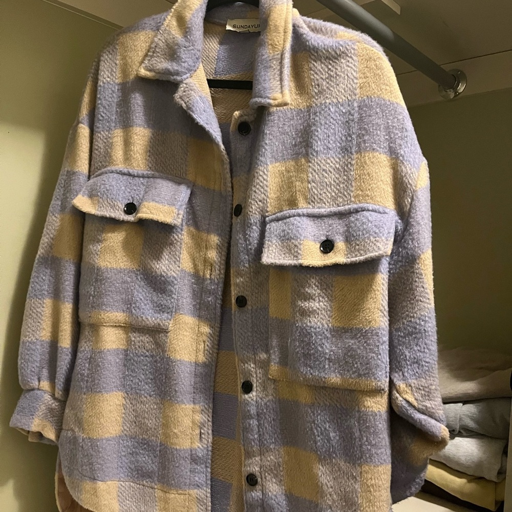 -lilac + cream in color, size medium, brand new- worn twice, plaid jacket